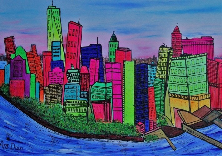 Kunsthandel Gennep - "New York Manhattan", Ophalen of Verzenden, Handgeschilderd, Acrylverf