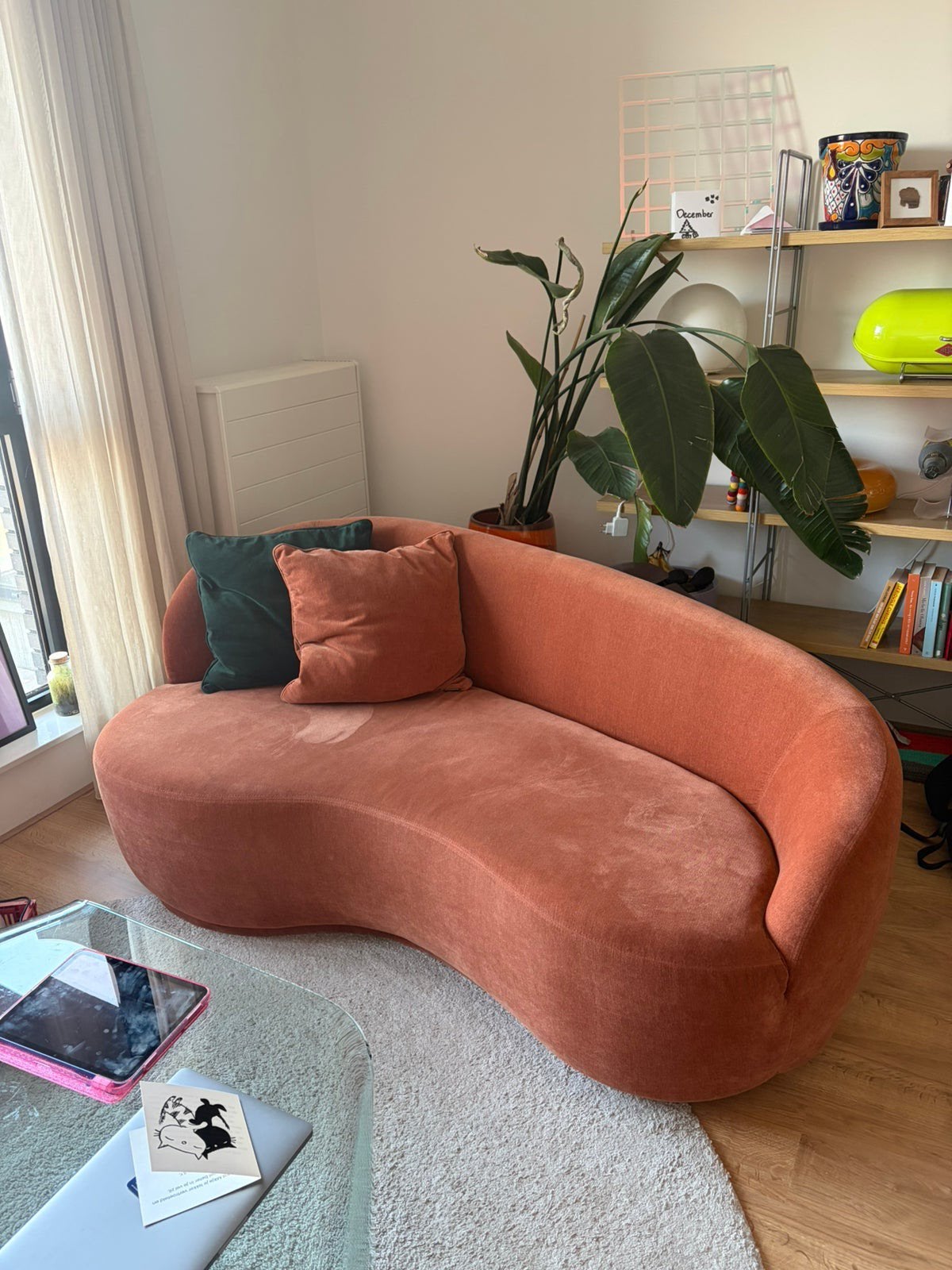 Curved kidney-shaped sofa, terracotta velvet (2.5-seater), Ophalen, Gebruikt