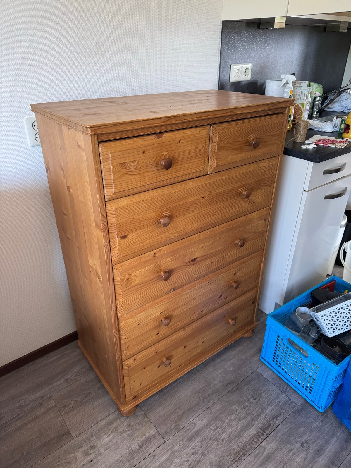Houten ladekast met 6 laden - grenenhout, Huis en Inrichting, Kasten | Ladekasten, Ophalen, Gebruikt, 5 laden of meer, 100 tot 150 cm