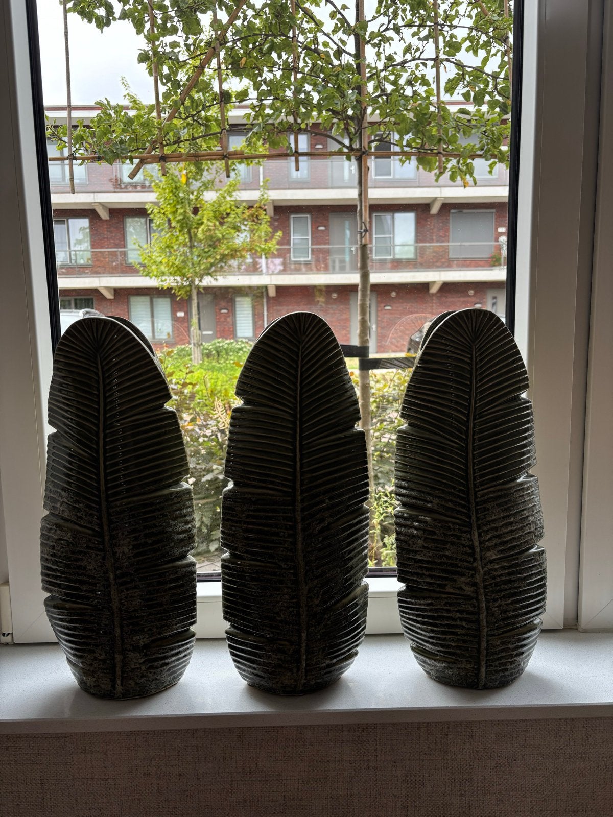Set van 3 decoratieve bladeren, groen keramiek, Ophalen, Meerkleurig, Zo goed als nieuw, Modern