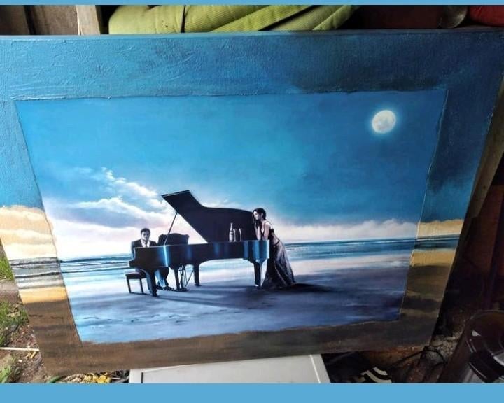 Schilderij: Piano op het strand bij maanlicht, Ophalen of Verzenden