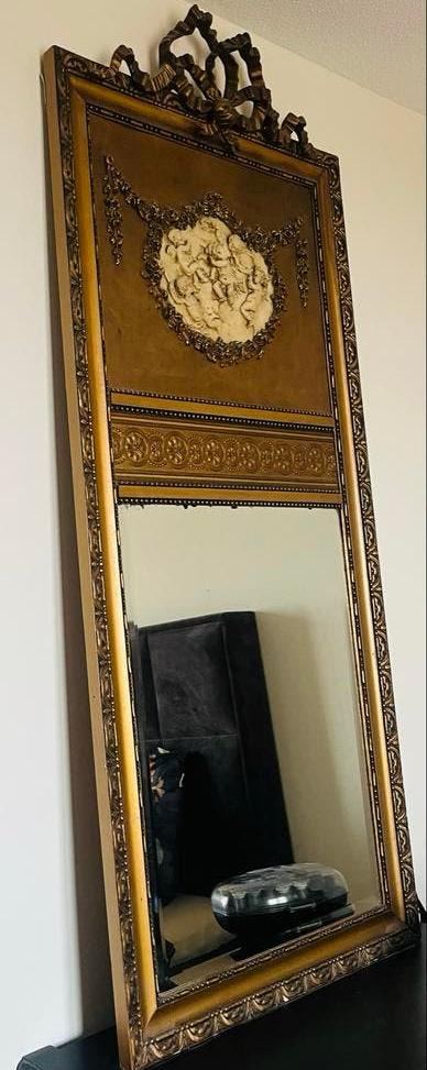 Antieke Franse Trumeau Spiegel met Strik en Engelen Reliëf, Antiek en Kunst, Ophalen, Rechthoekig, 50 tot 100 cm, 150 tot 200 cm