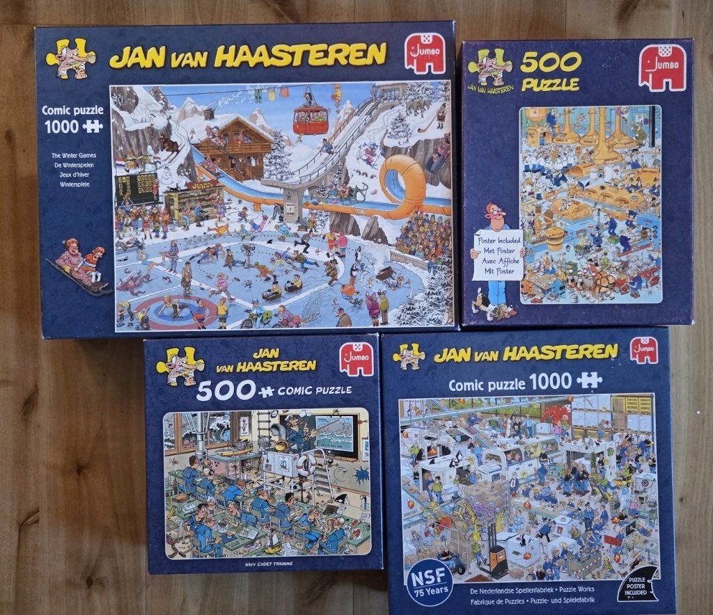 4 puzzels  van Jan van Haasteren, Ophalen of Verzenden, 500 t/m 1500 stukjes, Gebruikt, Legpuzzel