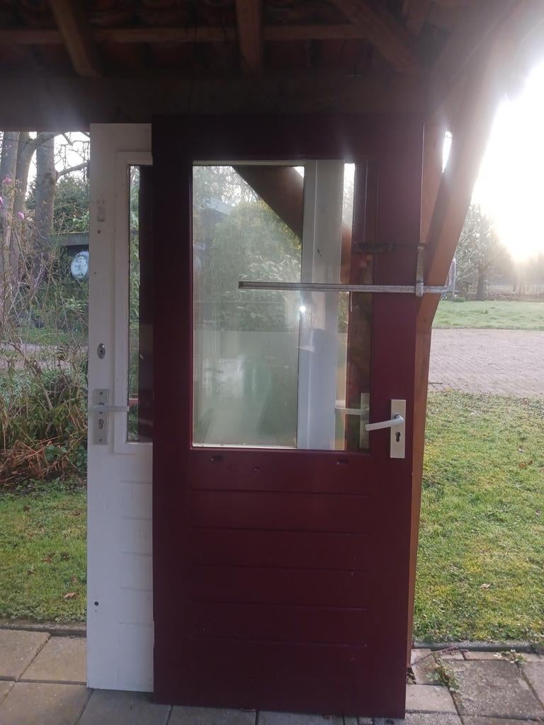 Hardhouten buitendeur, Ophalen, Gebruikt, 200 tot 215 cm, Glas