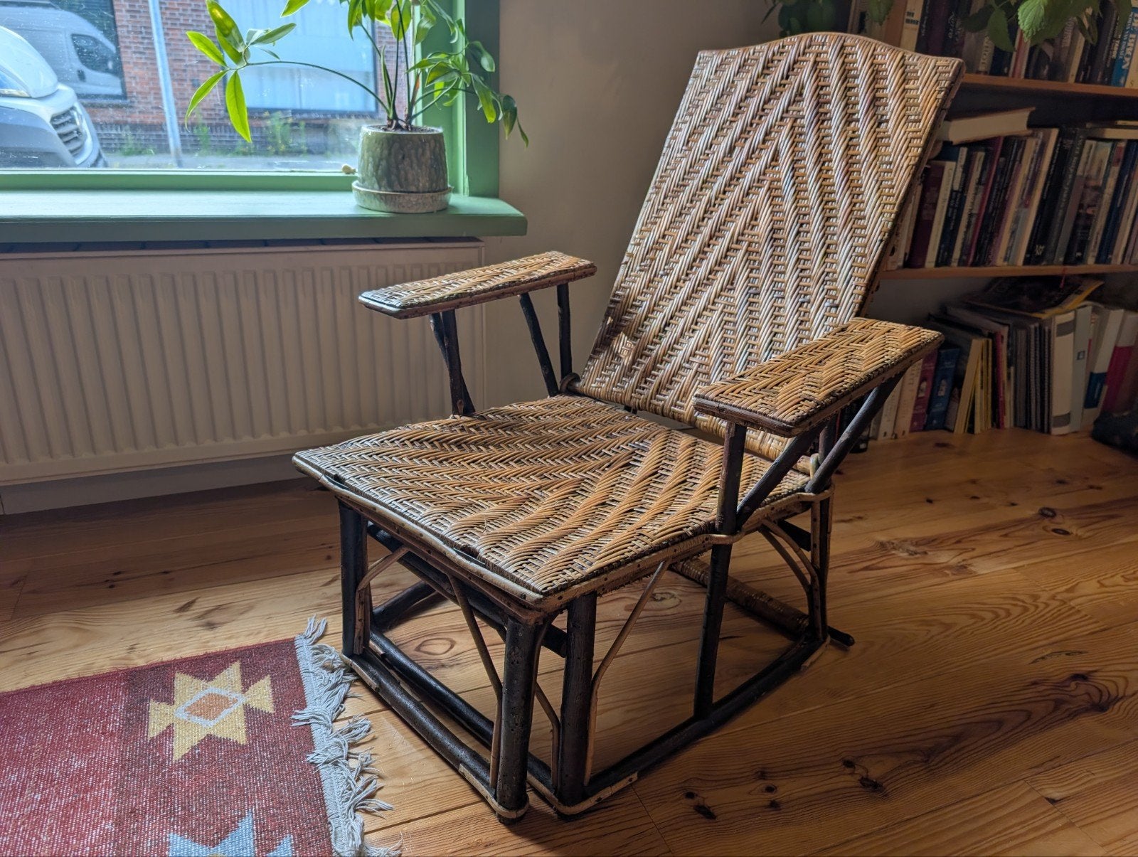 Vintage rotan verstelbare ligstoel met voetenbank, Ophalen