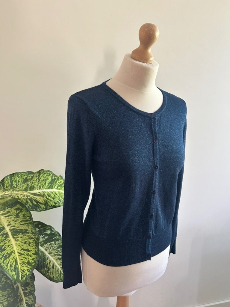 King Louie maat L donkerblauwe glitter vest cardigan 3370, Blauw, Maat 42/44 (L), Ophalen of Verzenden, Zo goed als nieuw