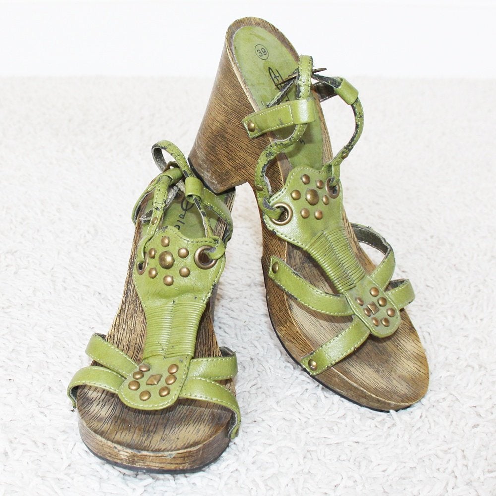 Vintage Leren Dolcis Sandalen (Maat 39) - s15 € 25,-, Dolcis, Zo goed als nieuw, Groen, Sandalen of Muiltjes