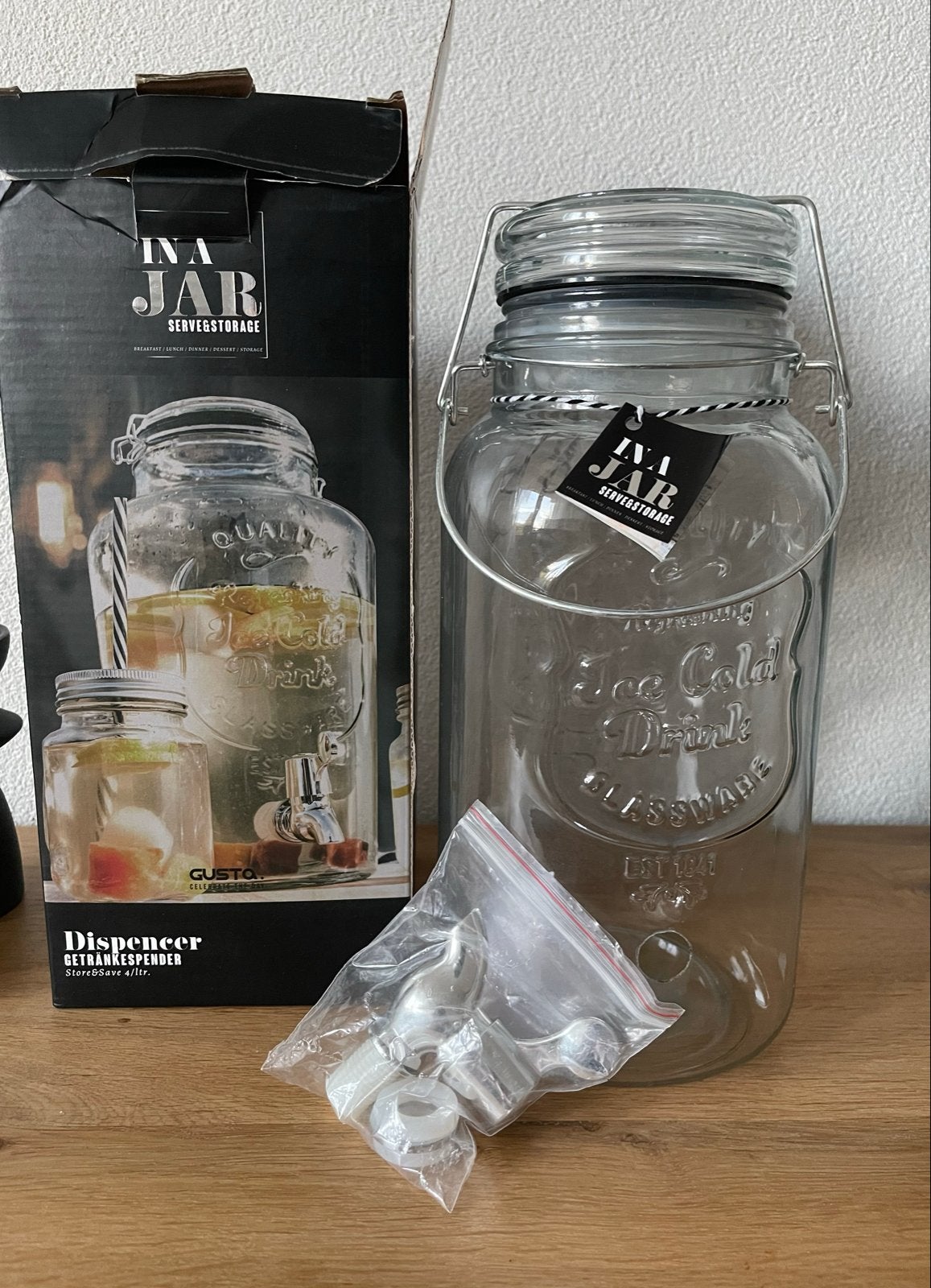 Grote glazen drankdispenser met tapkraan - 4 liter, Nieuw, Gusta, Ophalen of Verzenden, Glas