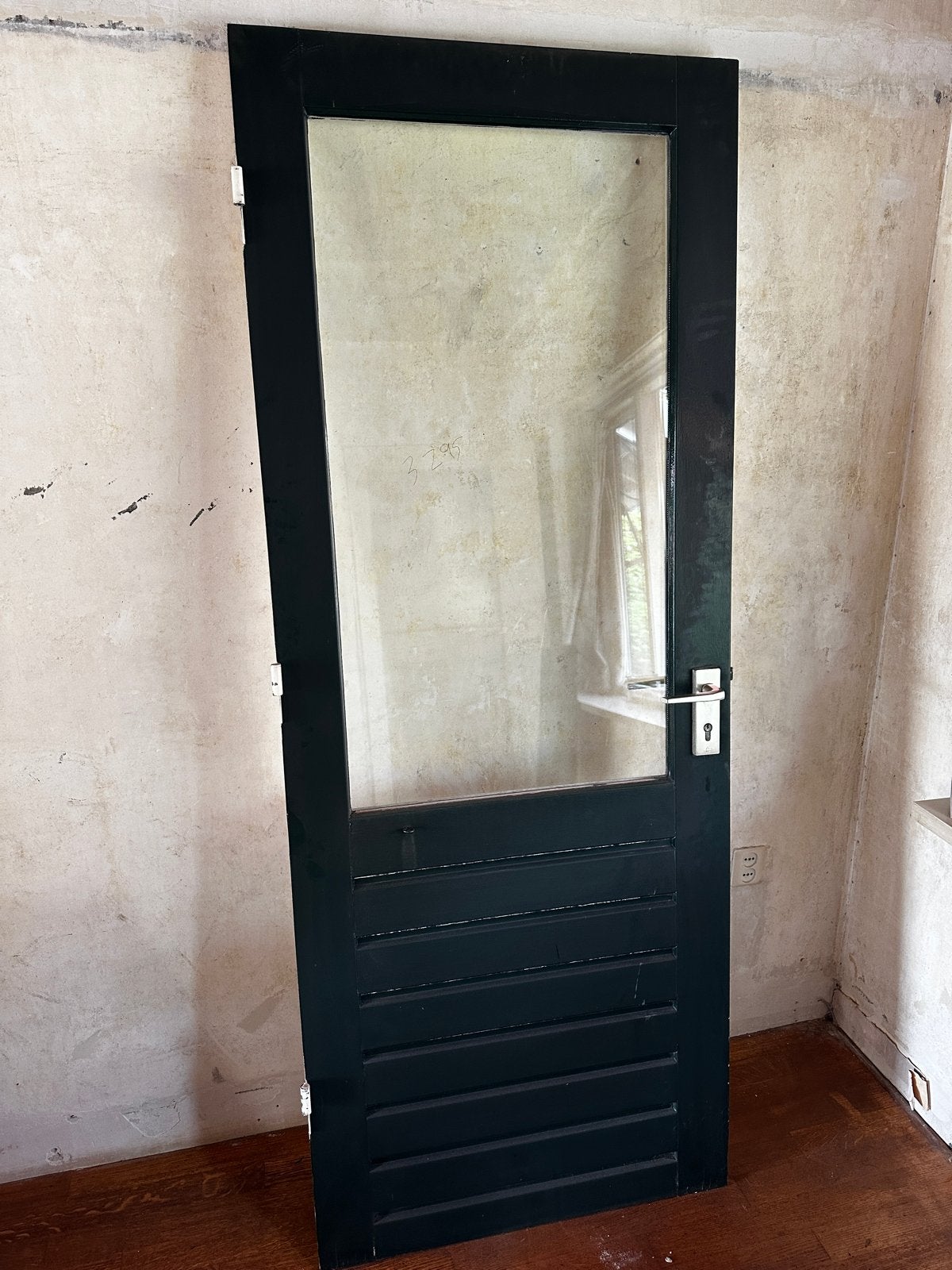 Groene houten buitendeur met glas en slot, Ophalen, Gebruikt, 80 tot 100 cm, Binnendeur