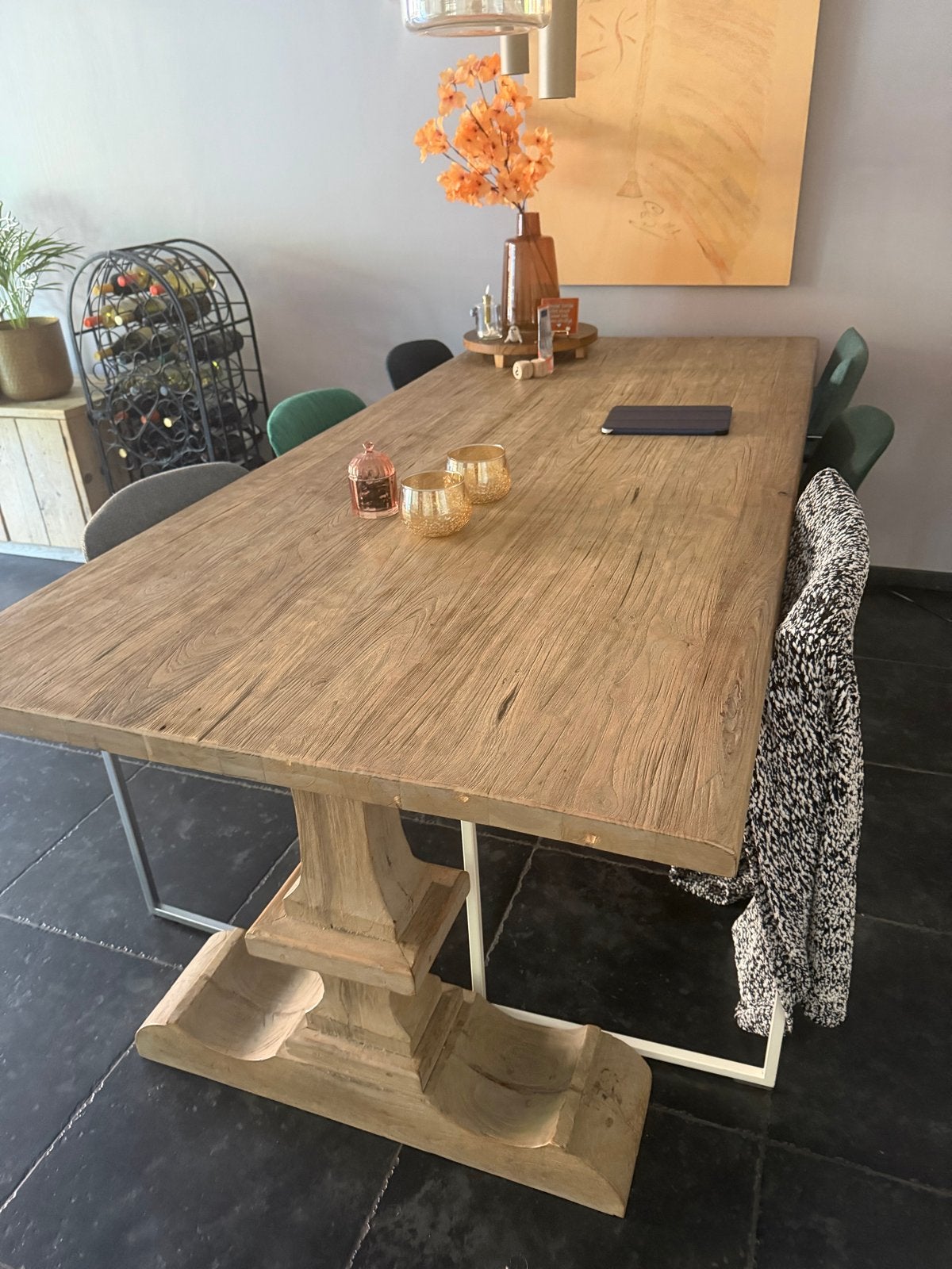 Robuuste houten Klooster eettafel met 6 Arco stoelen, Huis en Inrichting, Ophalen, Gebruikt, 200 cm of meer, 50 tot 100 cm