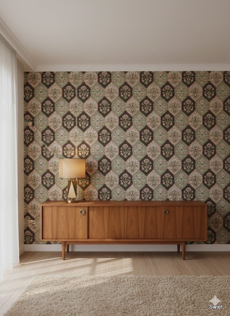 14211 vintage hexagon bloemenbehang bruin roze groen swiet, Huis en Inrichting, Stoffering | Behang, Verzenden, Wit