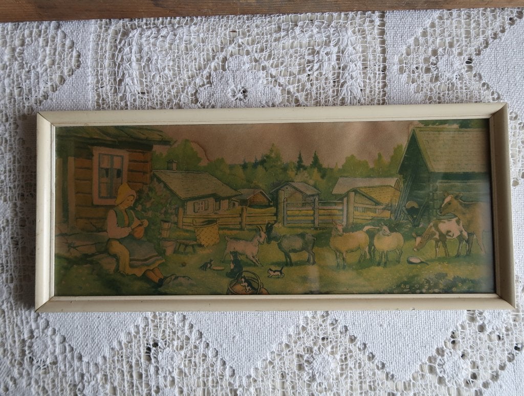 Vintage prent boerderij tafereel met dieren en figuur, Gebruikt, Ophalen of Verzenden, Voor 1940, Prent