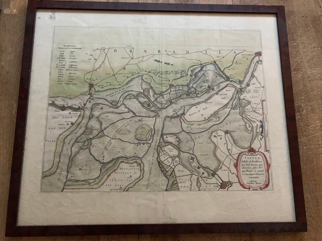 Kaart Bergen op Zoom Antwerpen 1630 handgekleurd in lijst, Ophalen of Verzenden