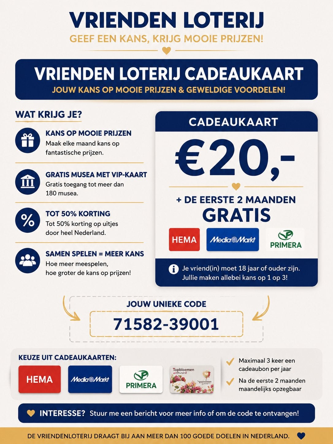 Vriendenloterij postcode loterij gratis 2 maanden, Eén persoon, Overige soorten, Overige typen