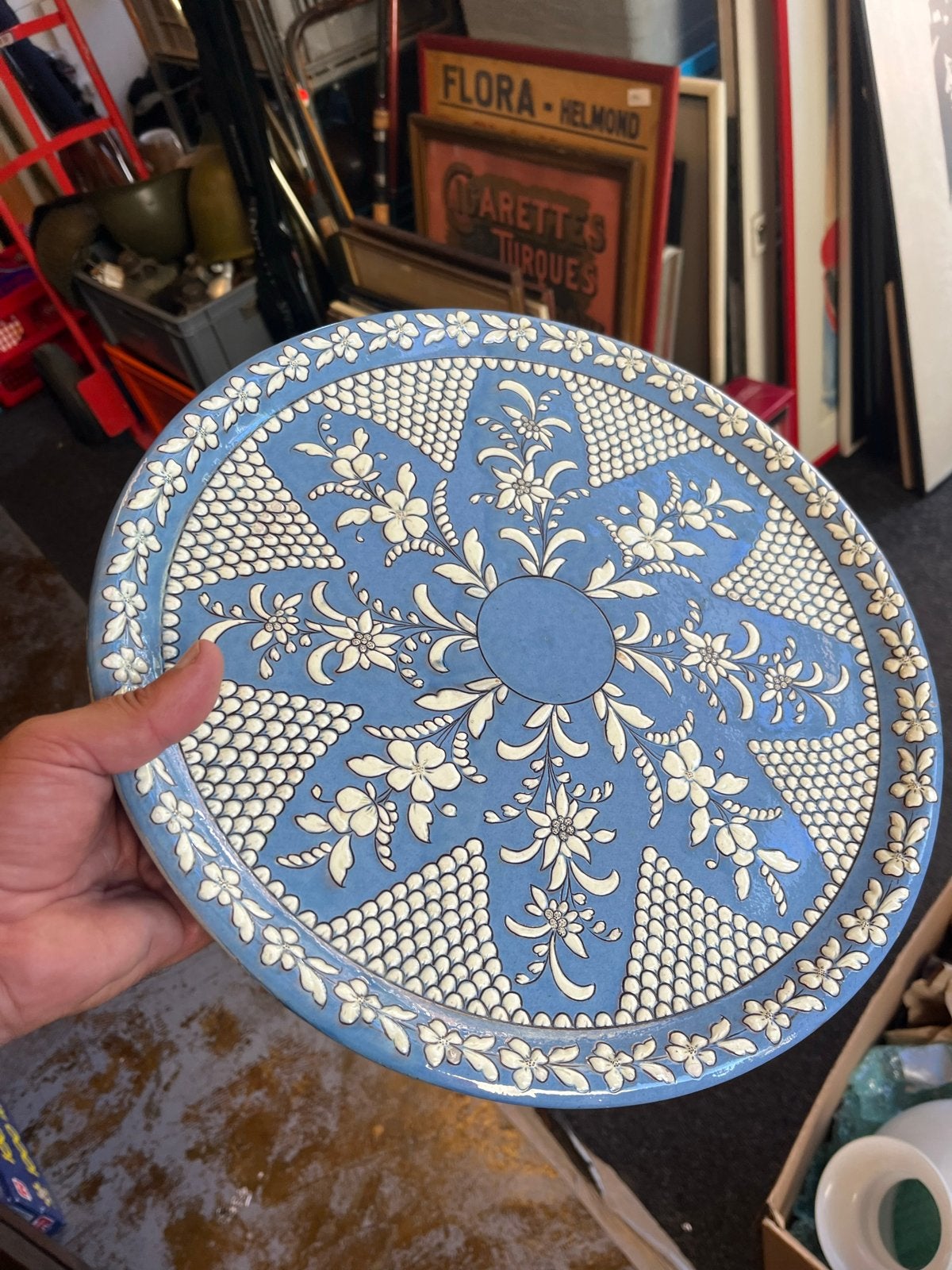 Vintage Thoune Schaal met bloemmotief Majolica 37cm +-, Ophalen