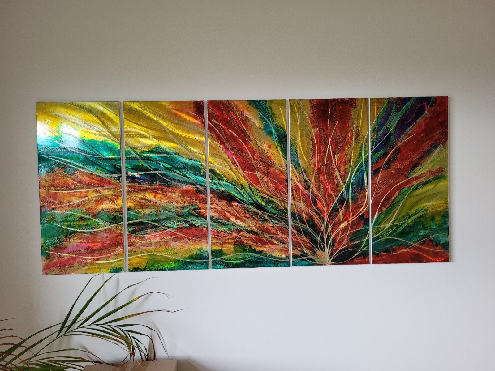 Abstracte Wanddecoratie: Kleurrijk Metaal Kunstwerk, Antiek en Kunst, Ophalen of Verzenden