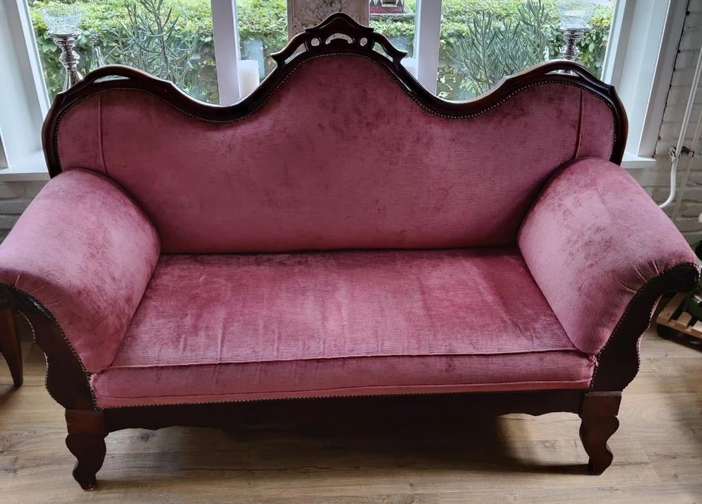 biedermeier Antieke roze fluwelen bank - Victoriaanse stijl, Ophalen of Verzenden