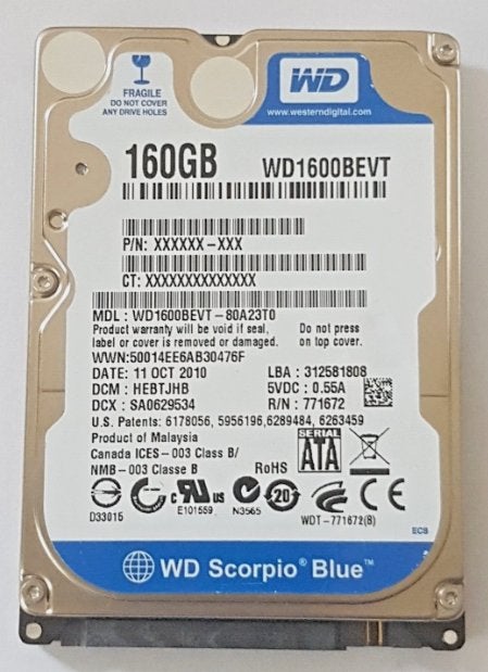 Western Digital WD1600BEVT 160GB 2.5 SATA HDD, Computers en Software, Intern, 160GB, Refurbished, Laptop