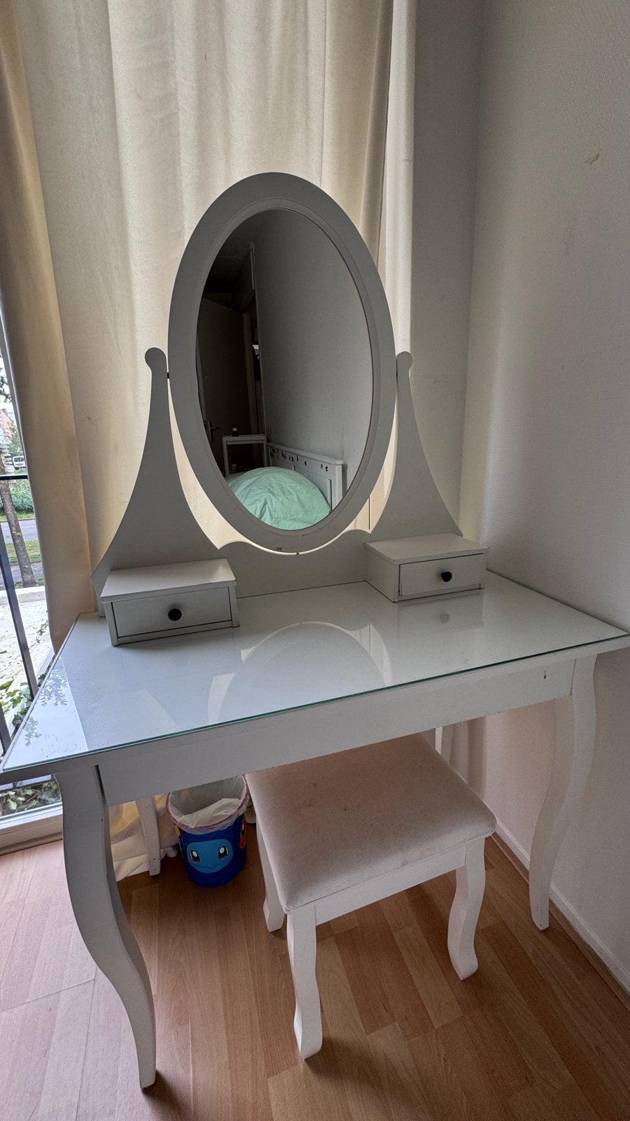 Witte kaptafel met spiegel en krukje, Ophalen, Gebruikt, 100 tot 150 cm, 50 tot 100 cm