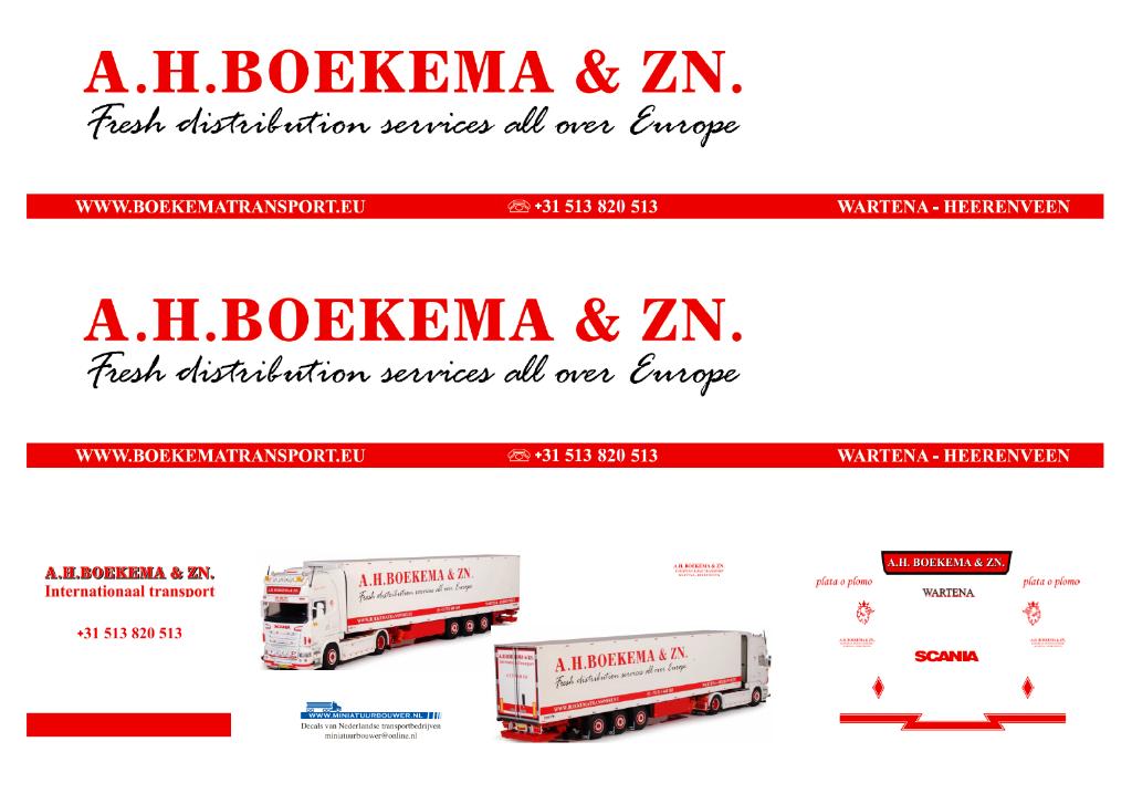 Vrachtauto decal 1:50 A.H.Boekema ( Scania ), Verzenden, Nieuw, Bus of Vrachtwagen, Overige merken