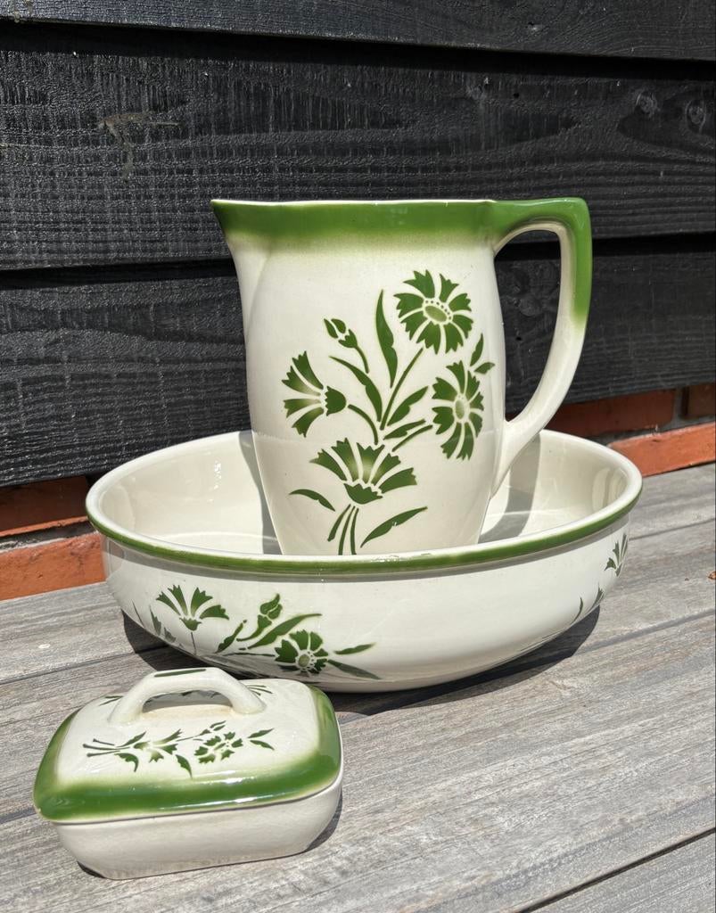 Antieke Boch Frères waskom set - Groen bloemmotief, Antiek en Kunst, Ophalen