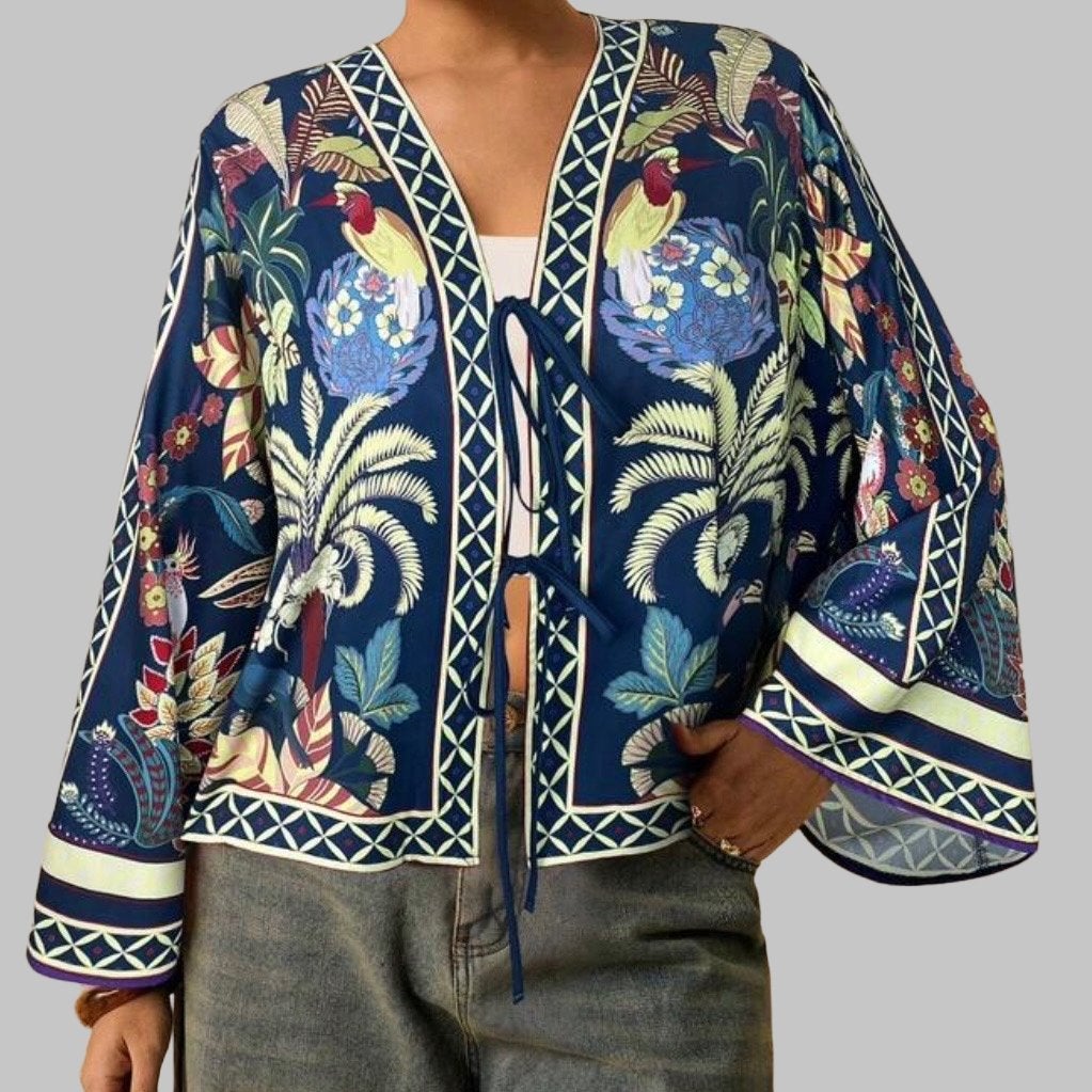 Kimono met tropische print en striksluiting (44-52), Kleding | Dames, Grote Maten, Verzenden, Nieuw, Blauw, Trui of Vest