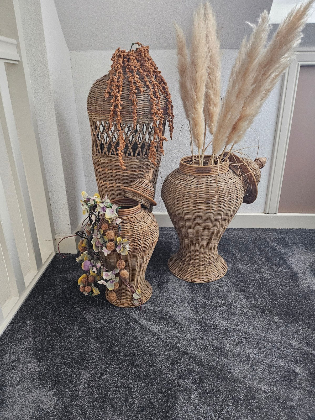 Set van 3 Riviera Maison rattan potten met droogbloemen, Huis en Inrichting, Ophalen