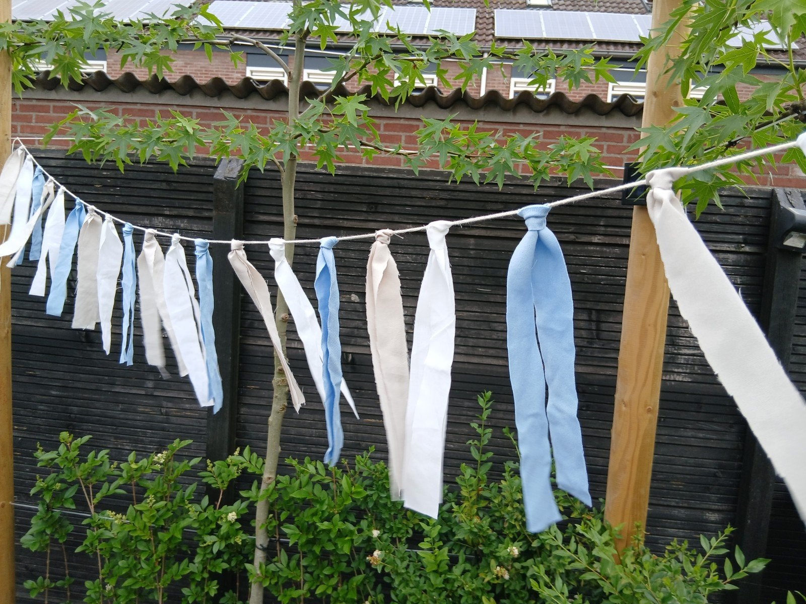 Stoffen slinger | vlaggenlijn | 3 meter | beige wit blauw, Ophalen of Verzenden, Zo goed als nieuw, Versiering, Geboorte of Huwelijk