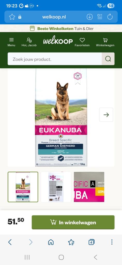 Zak eukanuba duitse herder 12 kilo, Dieren en Toebehoren, Dierenvoeding, Ophalen, Hond