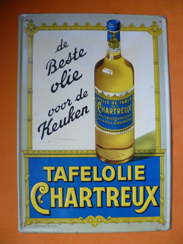 BLIKKEN RECLAMEBORD"CHARTREUX TAFELOLIE"UIT 1953, Ophalen of Verzenden, Gebruikt, Reclamebord