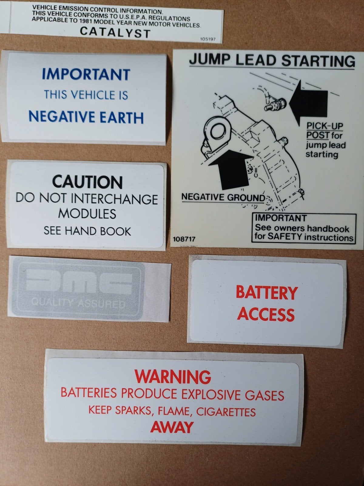 Delorean 1981 Instructie/Veiligheid Stickers Set (7 stuks), Ophalen of Verzenden