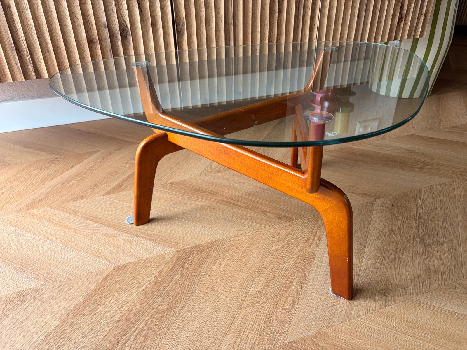 Salontafel met Glazen Blad en Houten Onderstel, Ophalen, 50 tot 100 cm, 50 tot 100 cm, Zo goed als nieuw