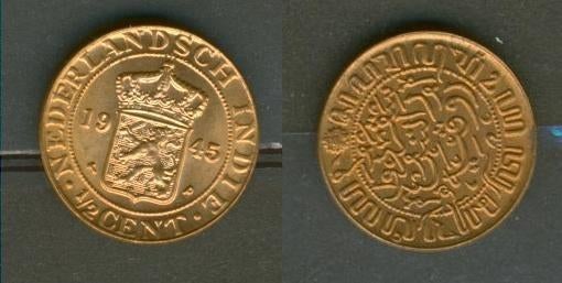 Nederlandsch Indie Halve Cent 1945 Ned Indie Munt r-258 jdu, Verzenden, Koningin Wilhelmina, 1 cent, Losse munt