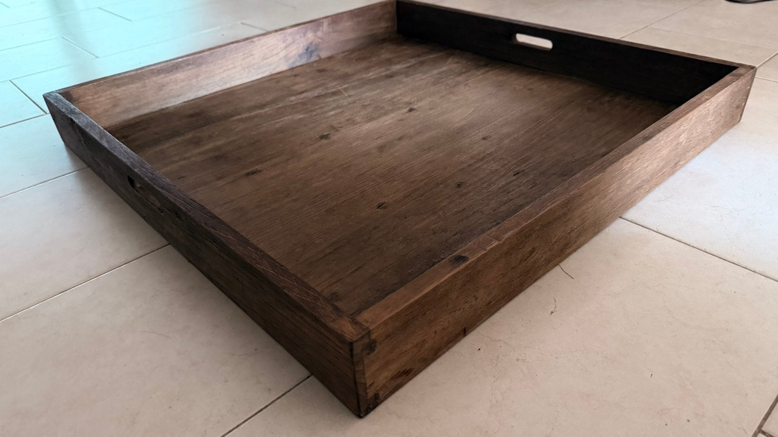 Groot houten dienblad (eikenhout) 80 x 80 x 9 cm., Ophalen, Gebruikt, Met handvatten, Vierkant
