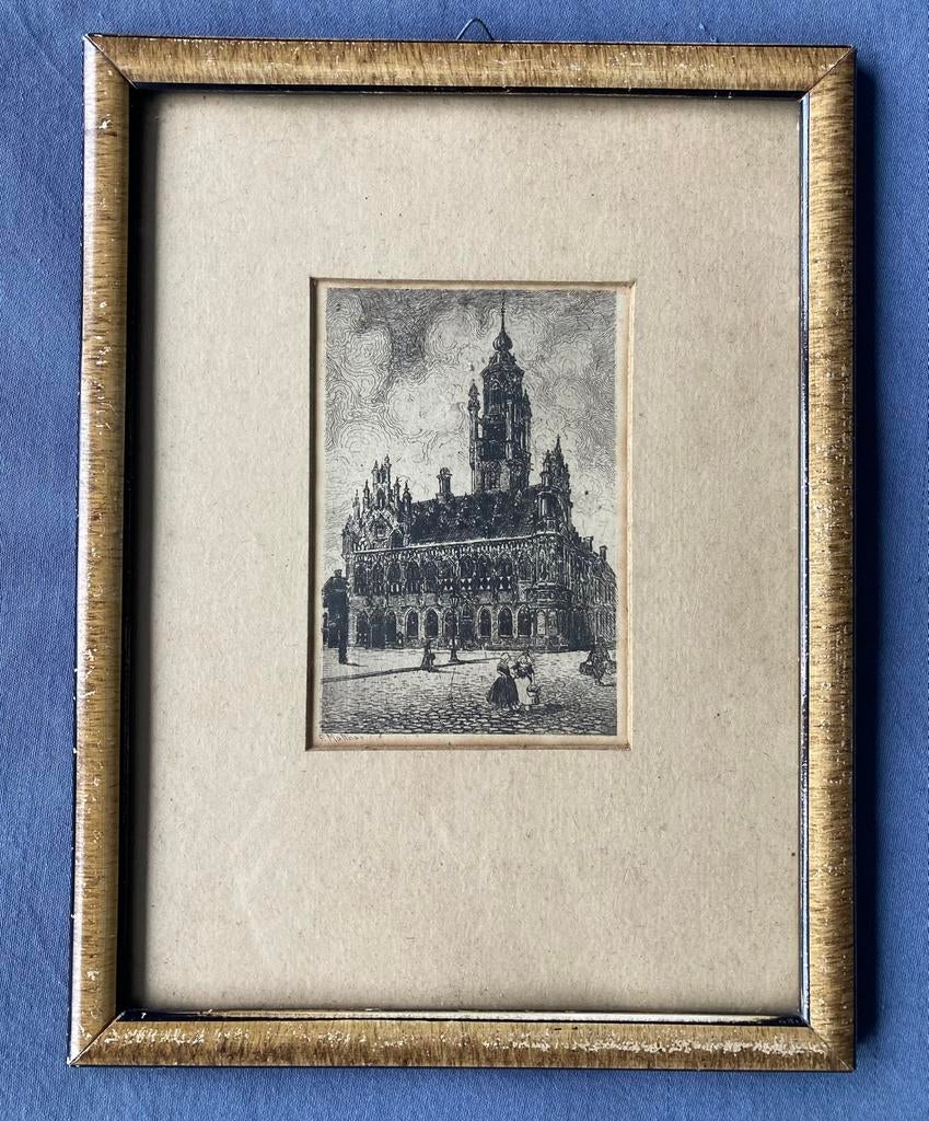 Ets Stadhuis Middelburg - P. Maltinas, Antiek en Kunst, Kunst | Etsen en Gravures, Ets, Stadsgezicht, Ophalen of Verzenden, 24 cm
