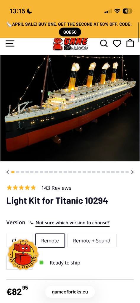 Nieuwe lichtset voor LEGO Titanic (NIEUW IN DOOS), Compleet, Accessoire, Nieuw, Ophalen of Verzenden