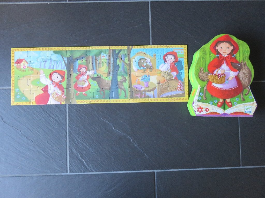 Puzzel 36 stukjes Roodkapje, DJECO. Mooie langwerpige puzzel, Ophalen of Verzenden, Meer dan 50 stukjes, Zo goed als nieuw, 4 tot 6 jaar