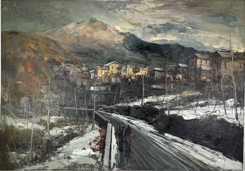 639. Olieverfschilderij – winters dorpsgezicht, ca. 1970, Ophalen