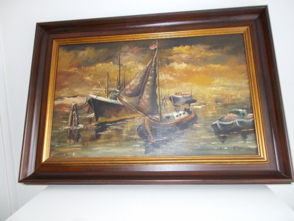 Maritiem schilderij: boten in de haven bij zonsondergang, Ophalen, Maritiem / water, Doek, Realistisch