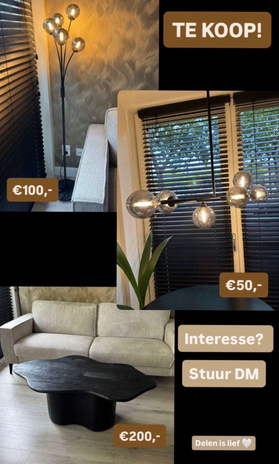 Moderne set: vloerlamp, plafondlamp en salontafel, Ophalen