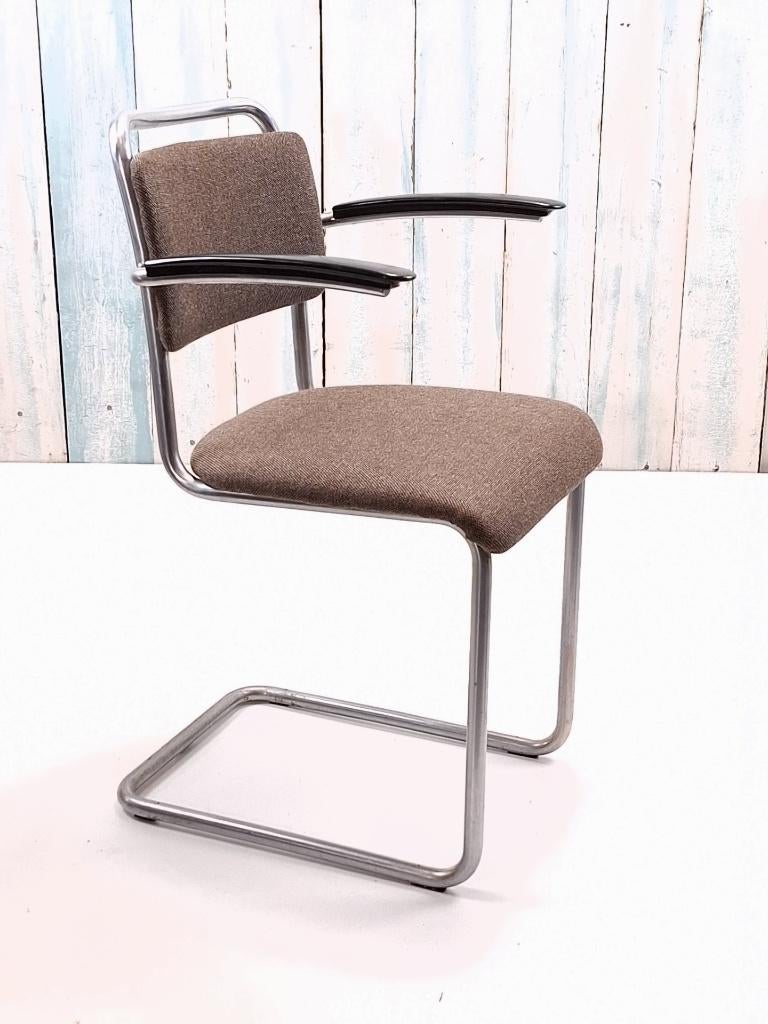 Vintage mat chroom 201 Gispen stoel, Ophalen, Gebruikt, Bruin, Overige materialen