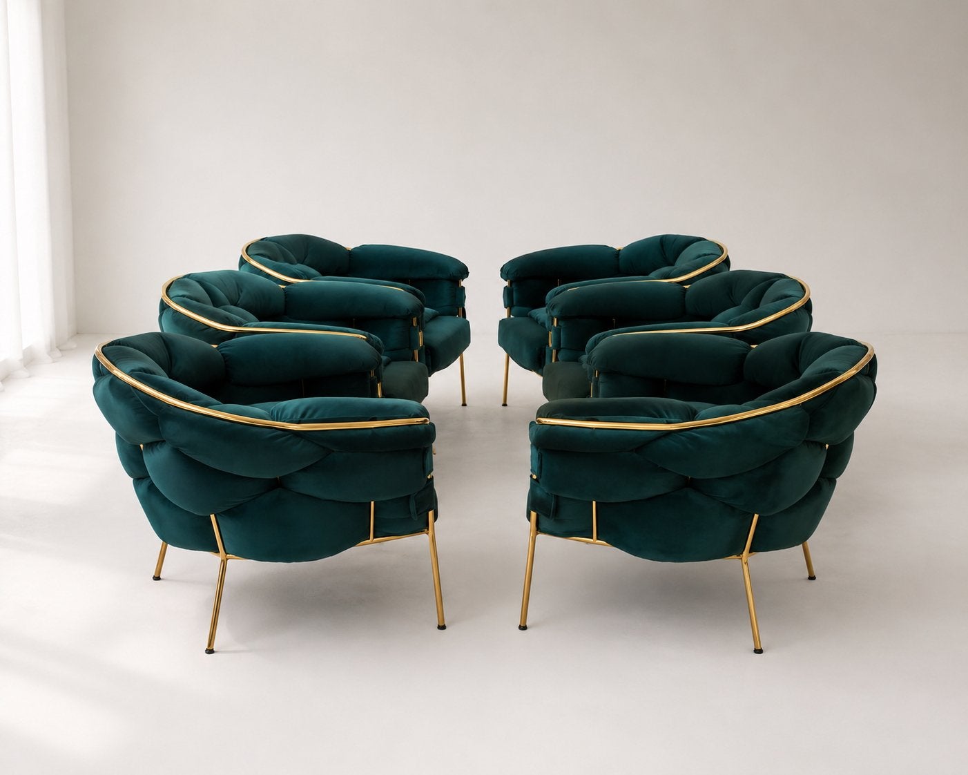 ✦ STUDIO FOUND | SET VAN 6 LUXE TURQUOISE FAUTEUILS | DESIGN, Huis en Inrichting, 75 tot 100 cm, Ophalen of Verzenden, Zo goed als nieuw