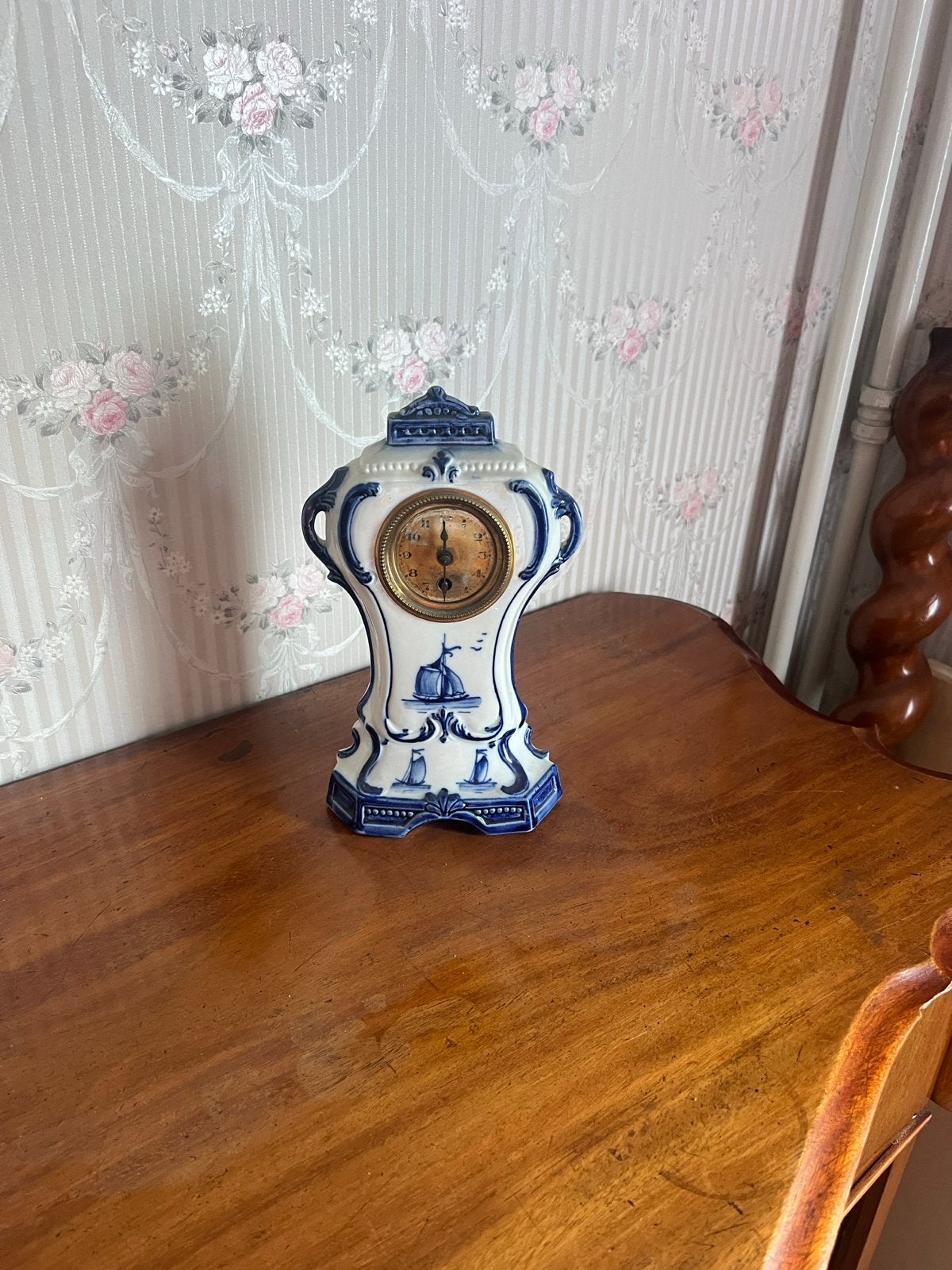 Antieke Delfts Blauwe Schouwklok met Scheepsdecoratie, Antiek en Kunst, Ophalen of Verzenden