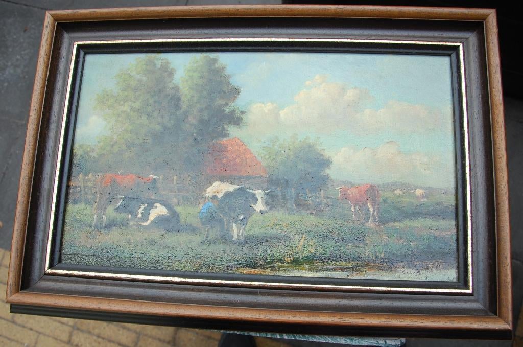 schilderij Cor Bouter - koeien melken, Antiek en Kunst, Kunst | Schilderijen | Klassiek, Ophalen of Verzenden