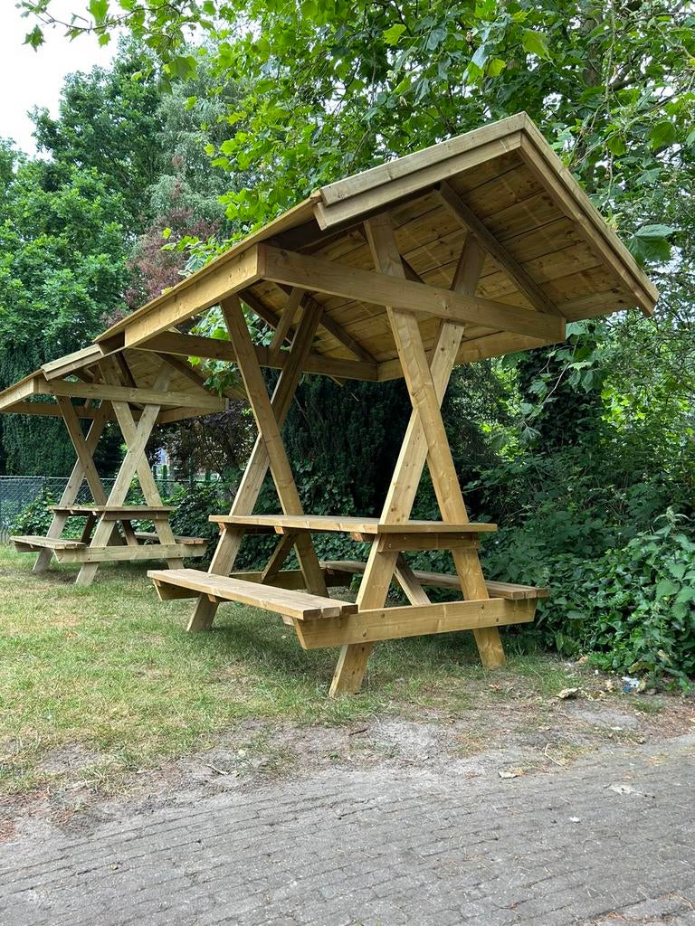 Tuintafel met dak, Picknick tafel met overkapping, Ophalen of Verzenden, Nieuw, Rechthoekig, Hout
