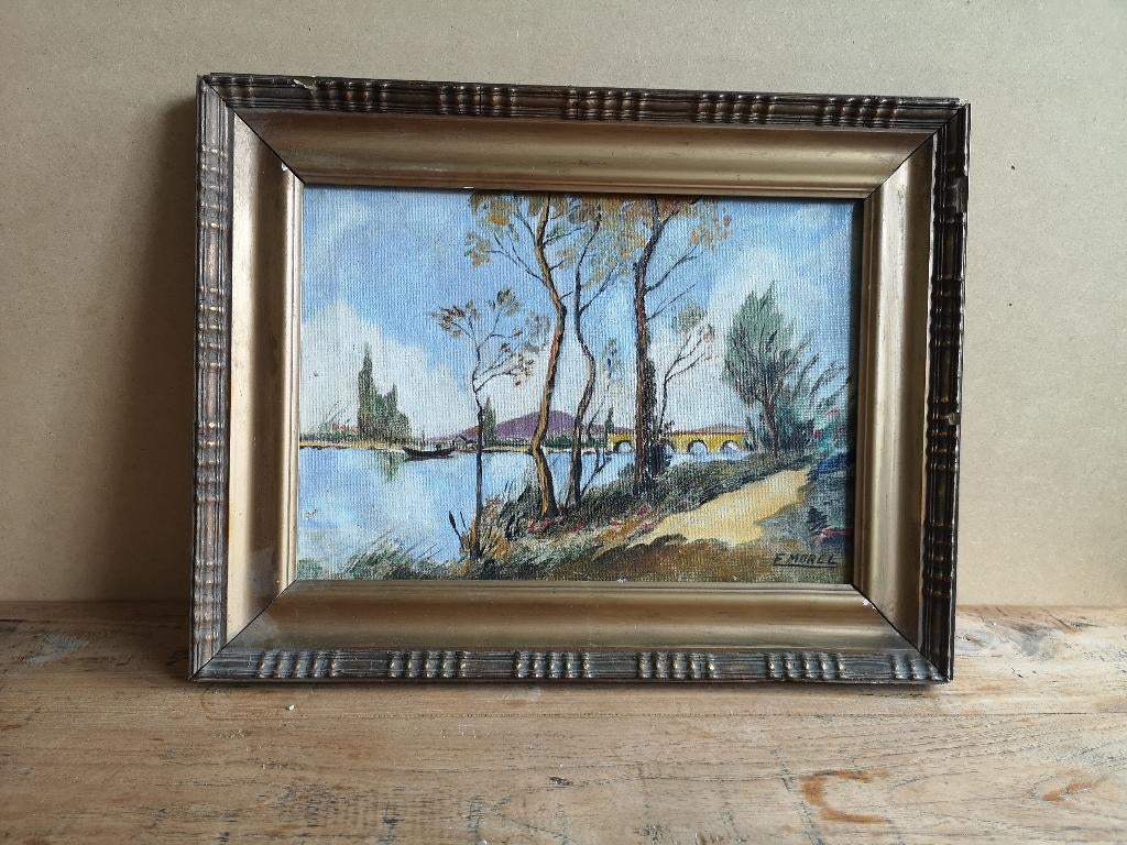 Schilderij - rivier met gele brug - E. Morel, Ophalen of Verzenden