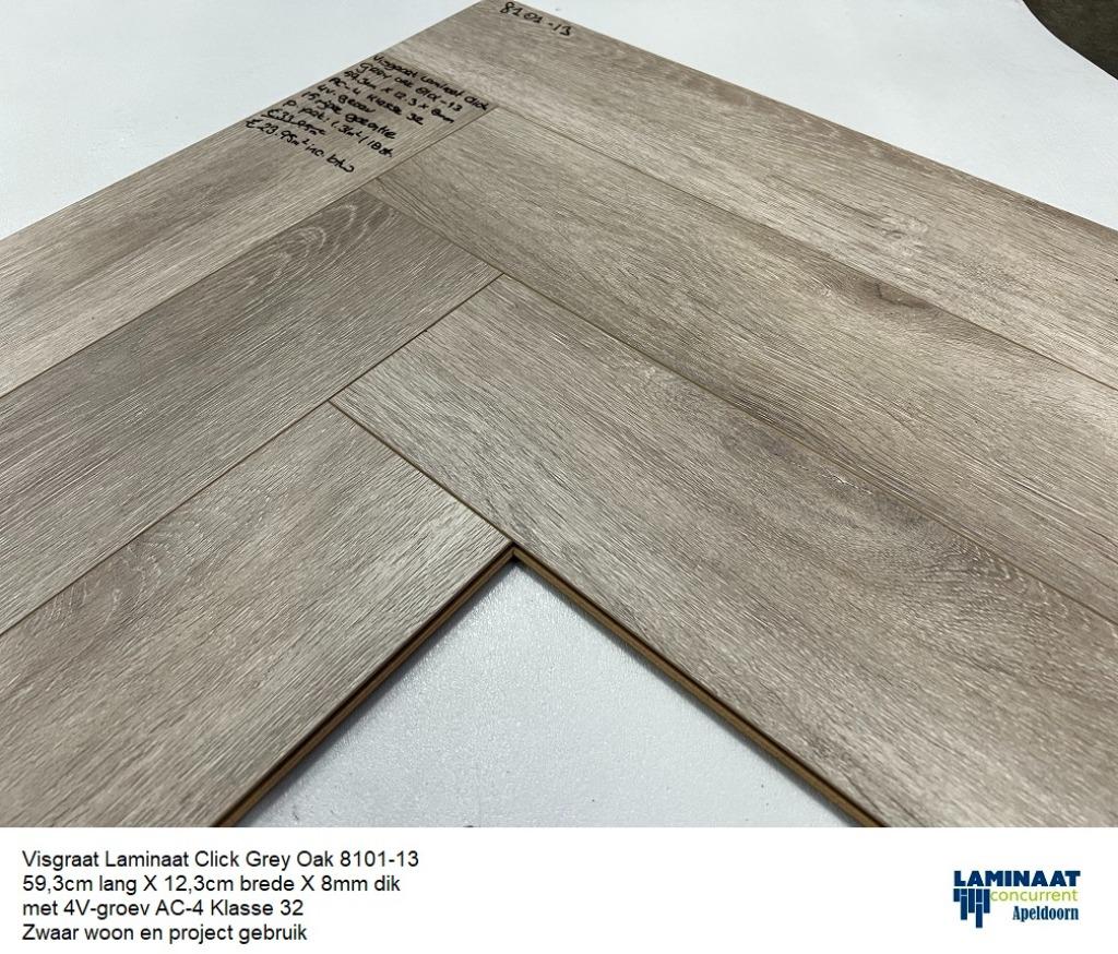 Visgraat Laminaat Grey oak 8mm dik 4V-groev €16,95m2 inc.btw, 75 m² of meer, Nieuw, Visgraat Laminaat grey oak, Ophalen of Verzenden