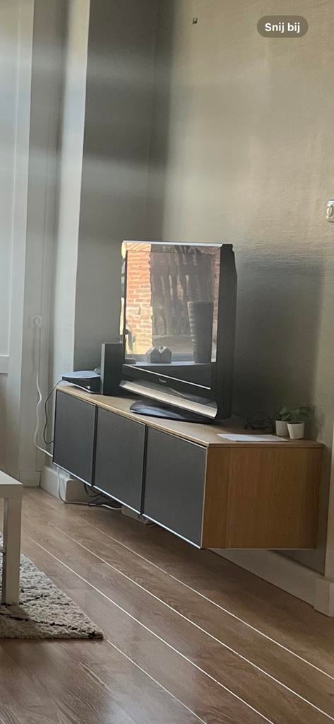 TV-meubel hout met grijze fronten, Ophalen, 150 tot 200 cm, Zo goed als nieuw, Minder dan 100 cm