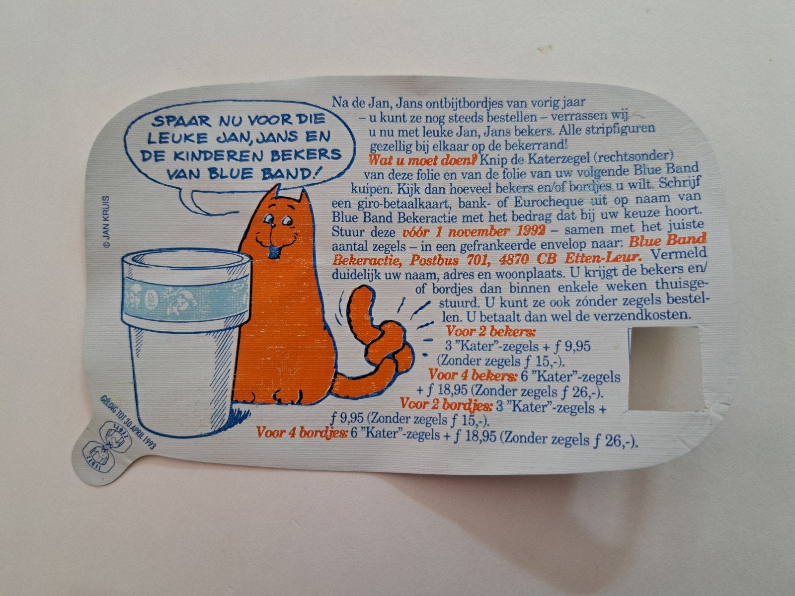 Folie van Blue Band boter met de Rode Kater/ Jan Kruis 1993., Ophalen of Verzenden, Overige figuren, Nieuw