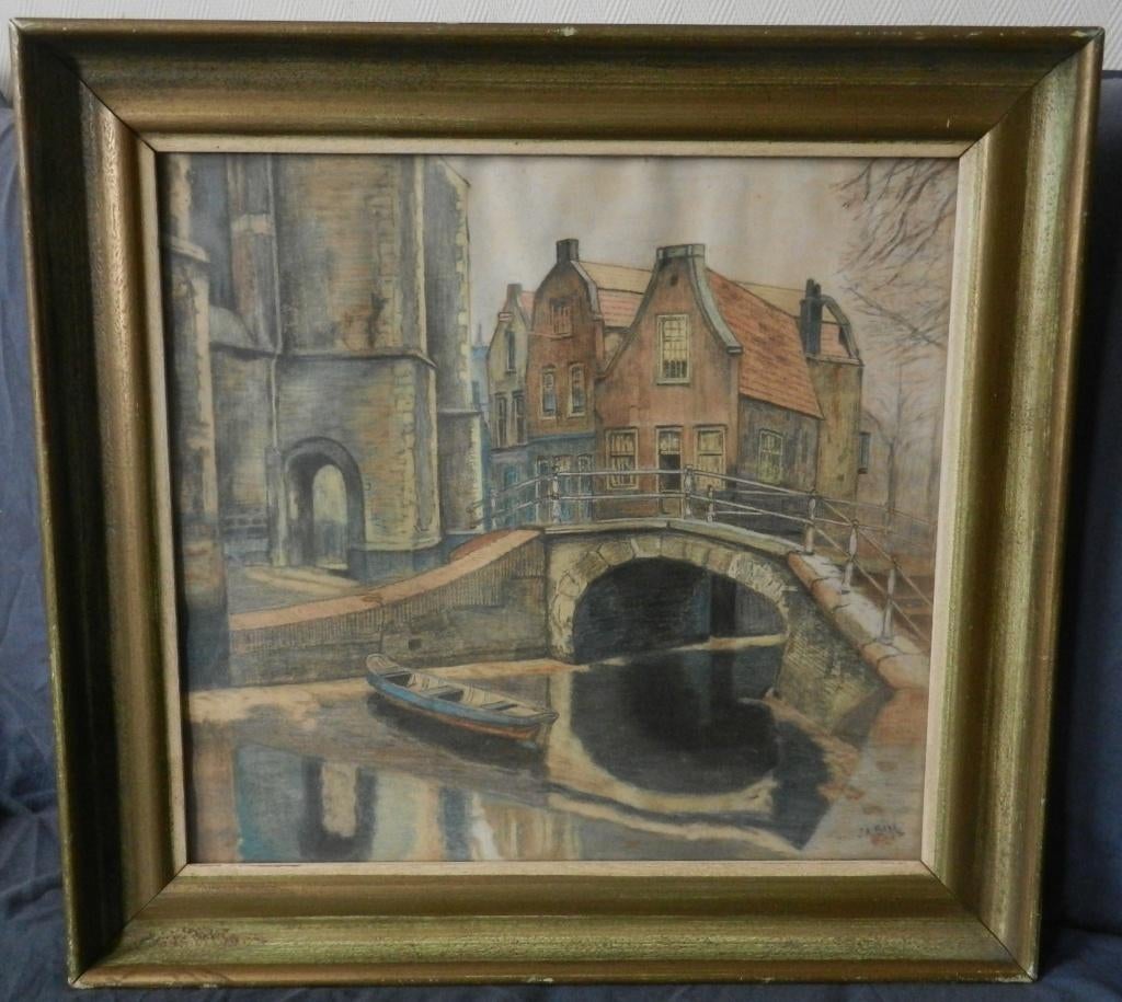 Gekl. krijt Grachtgezicht bij Oude Kerk Delft JA Kley 1940, Antiek en Kunst, Kunst | Tekeningen en Foto's, Ophalen of Verzenden